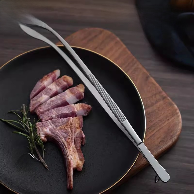 Home Cooking Steak - ที่หนีบอาหารสแตนเลสแบบยาว ที่หนีบสเต็ก สำหรับทำอาหารสไตล์เกาหลี บาร์บีคิว ใช้ในบ้าน ที่หนีบย่าง