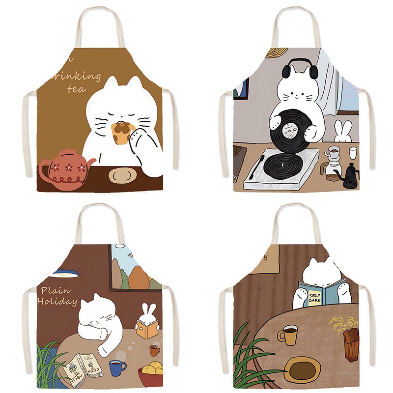 Home Cooking For Cats - ผ้ากันเปื้อนลายแมวขาวน่ารัก สำหรับทำอาหาร ชงกาแฟ ชงชา เหมาะสำหรับผู้หญิง บาริสต้า