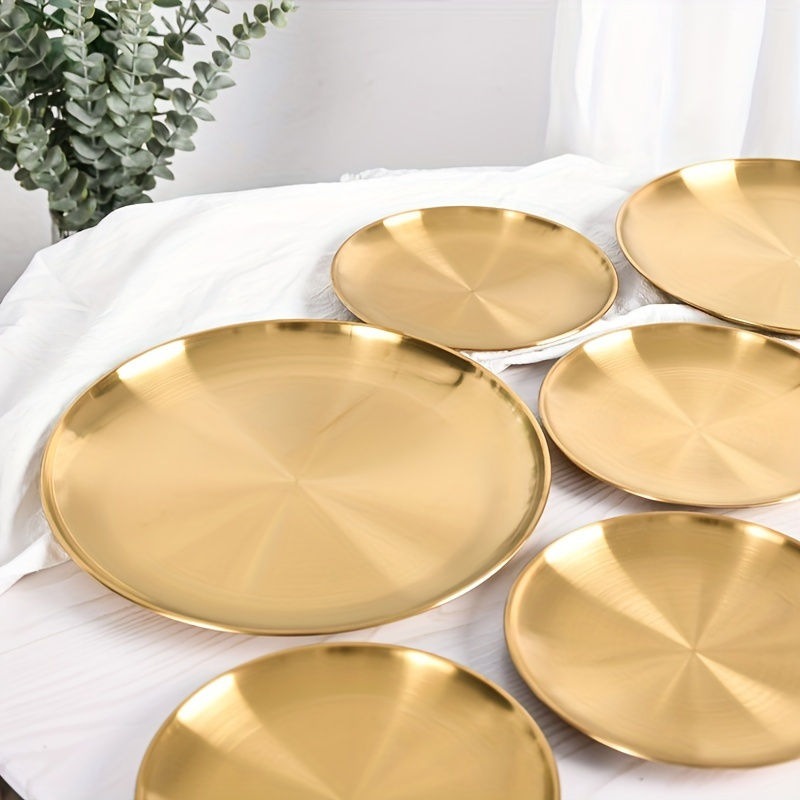 Home Cooking Recipes - 2 ชิ้น, จานพิซซ่าสีทอง, จานอาหารสแตนเลส, ถาดกลมสีทอง, จานเสิร์ฟอาหาร,