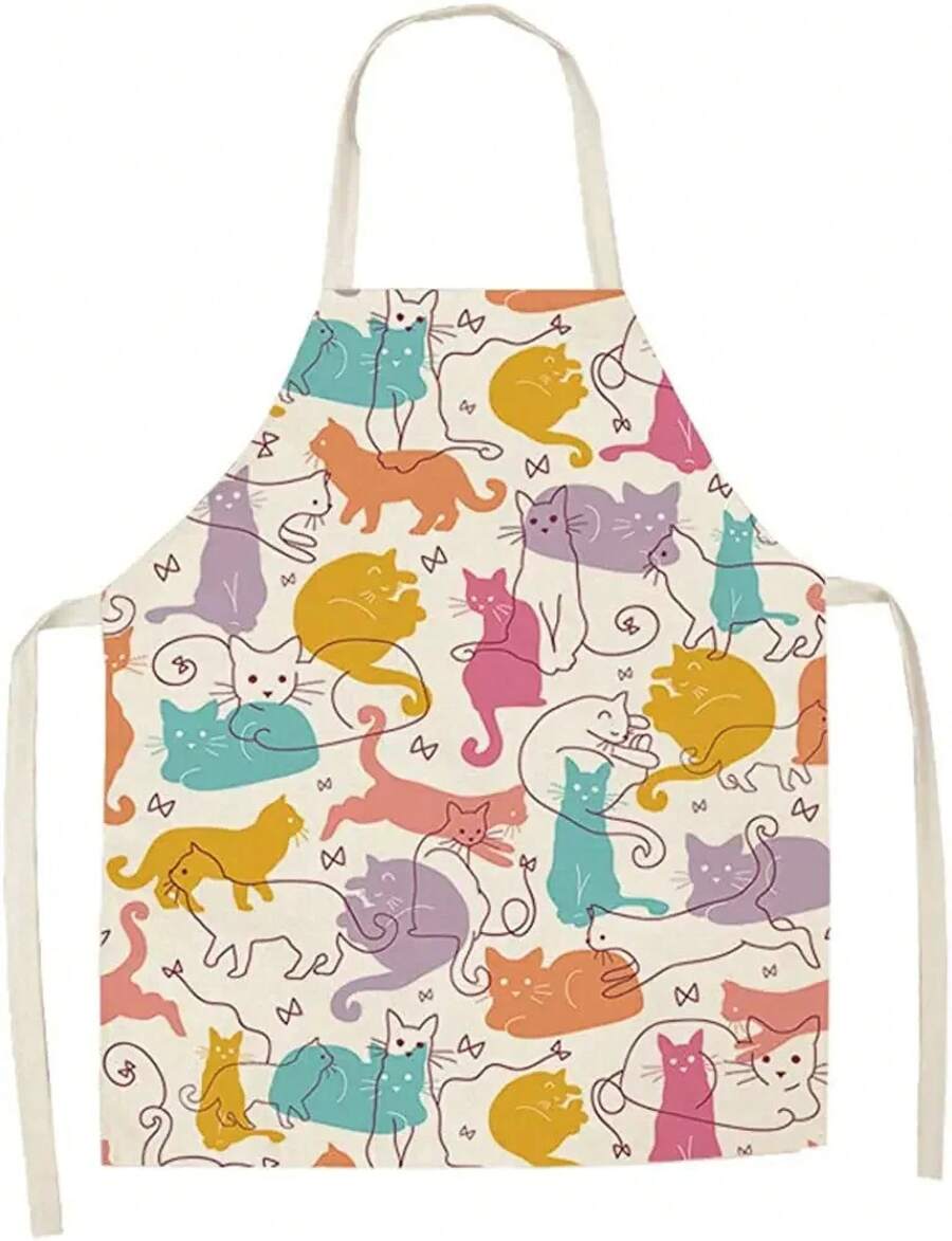 Home Cooking For Cats - ผ้ากันเปื้อนลายแมวน่ารักสีสันสดใส ผ้ากันเปื้อนทำครัวลายการ์ตูนแมว ผ้าลินิน ผ้ากันเปื้อนเชฟ หลายขนาด ของขวัญสำหรับใช้ในบ้าน