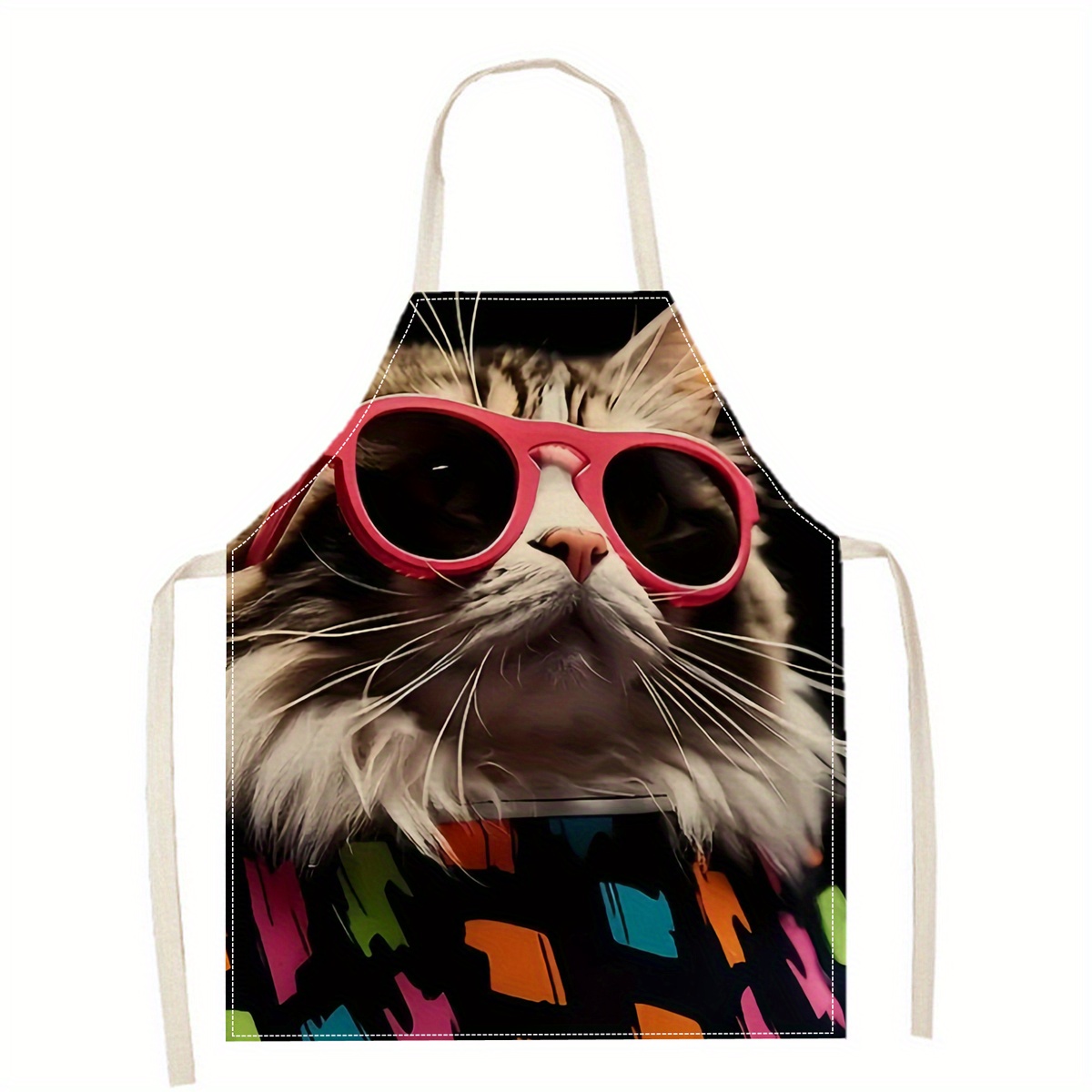 Home Cooking For Cats - ผ้ากันเปื้อนลินินลายแมวตลกใส่แว่นกันแดด สำหรับทำครัว อบขนม ทำสวน งานฝีมือ ศิลปะ
